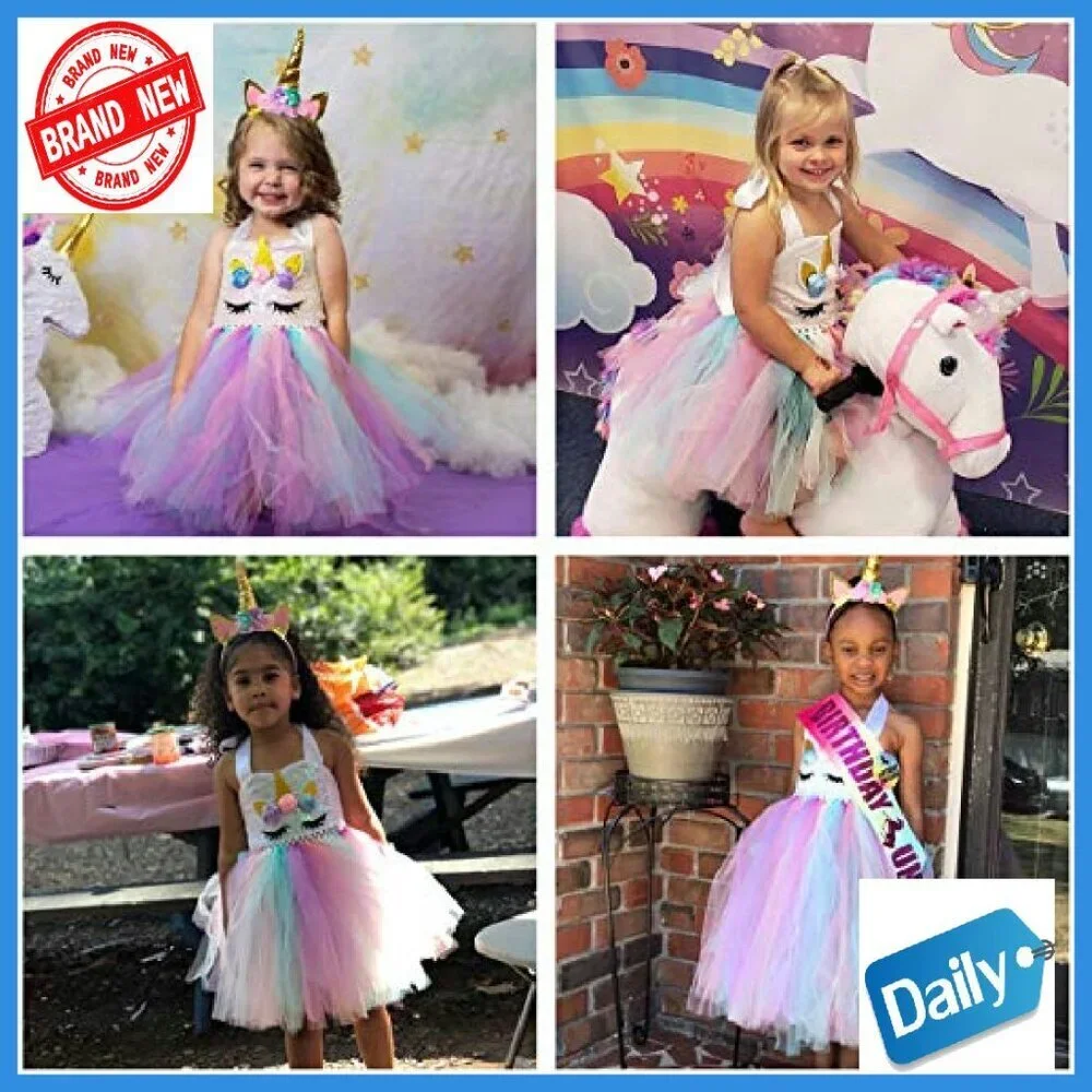 Sequin Unicorn Dress with Headband Girls 1-10Y Birthday Party Costume